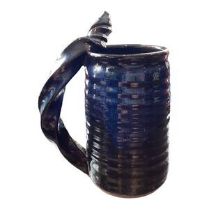 Cobalt Blue Glaze Ceramic Stein Mug Twisted Handle Signed RedWare